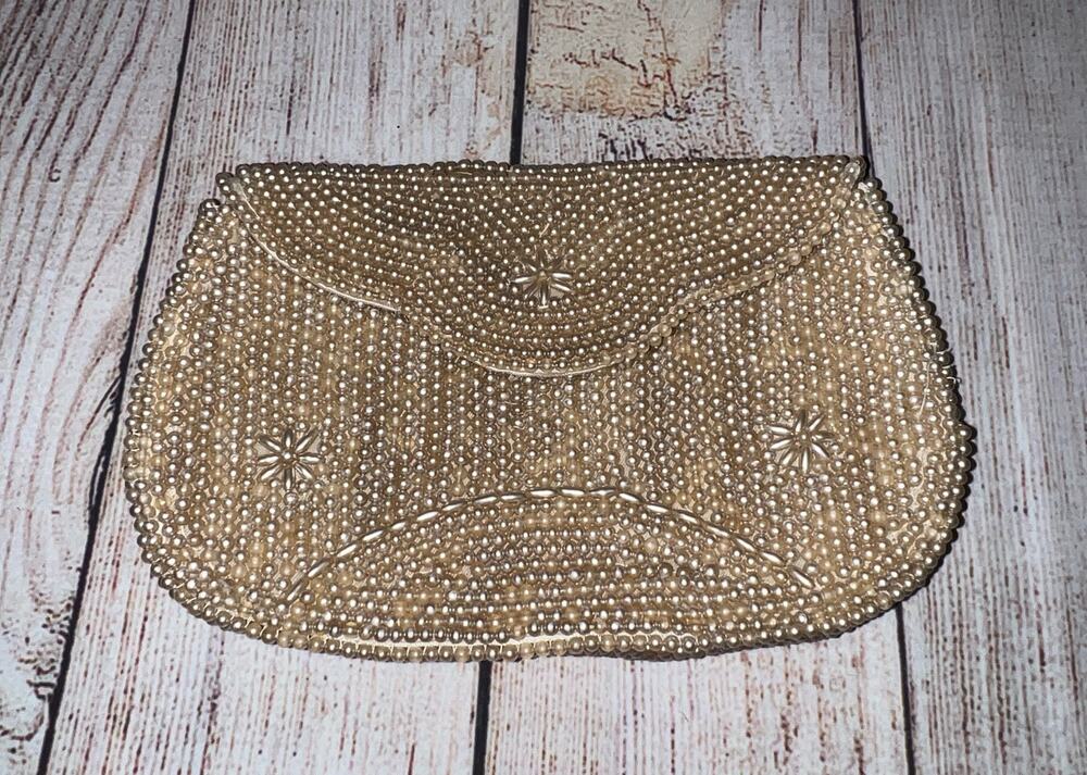 Vintage Faux Pearl Beaded Purse Clutch Hand Bag Ivory Color Made Japan
